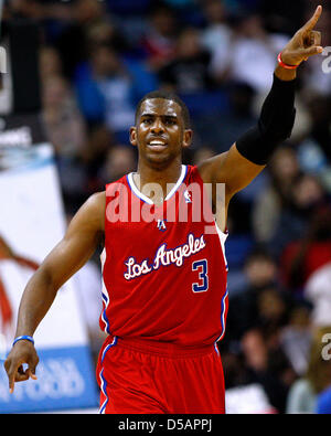 New Orleans, Louisiana, USA. 27th March 2013. Los Angeles Clippers point guard Chris Paul (3) reacts during the NBA basketball game between the New Orleans Hornets and the Los Angeles Clippers at the New Orleans Arena in New Orleans, LA. Cal Sport Media / Alamy Live News Stock Photo
