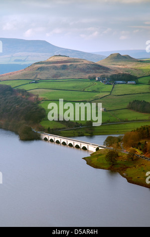 Elevated view of Ladybower Reservoir in soft winter light, The Peak District National Park. Stock Photo