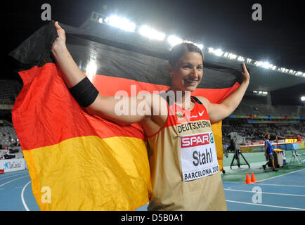German javelin thrower Linda Stahl celebrates her performance at the Olympic stadium Lluis Companys during the European Athletics Championships in Barcelona, Spain, 29 July 2010. Stahl now is the reigning European champion. Photo: Rainer Jensen Stock Photo