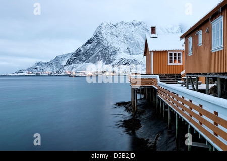 A view looking towards Reine village and Navaren from Sakrisoy village on the Lofoten islands, Norway. Stock Photo