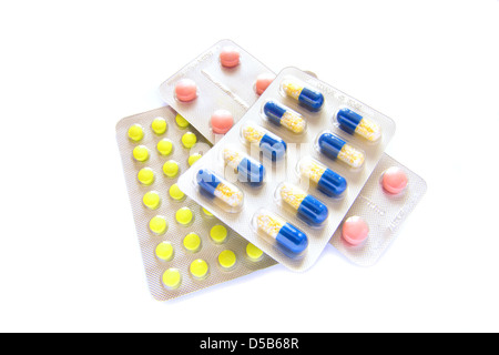 Blisters of pills, tablets, capsules isolated on white background. Stock Photo