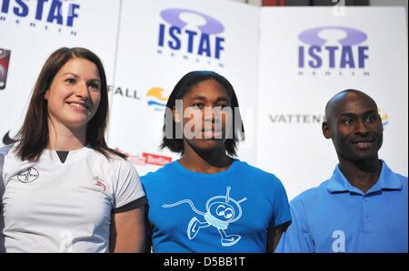 (L to R) German javelin thrower Linda Stahl, South African 800-metres athlete Caster Semenya, and US 1,500m and 5,000m athlete Bernard Lagat smile during a press conference on the upcoming ISTAF track and field meeting in Berlin, Germany, 20 August 2010. Some 200 athletes are registered to compete at the ISTAF Berlin on 21 and 22 August 2010. Photo: RAINER JENSEN Stock Photo
