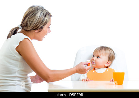 mom feeding her baby girl by spoon Stock Photo