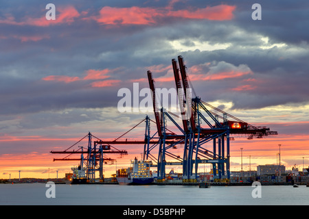 Sunset over Gothenburg harbor, Skandiahamnen, view from Stora Billingen, Västra Götaland County, Sweden, Europe Stock Photo