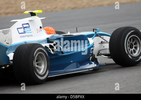 German Formula One driver Michael Schumacher of Mercedes GP shown during a test run in a GP2 racecar at the race track in Jerez De La Frontera, Spain, 13 January 2010. Schumacher prepares for his comeback to the Formula One for the upcoming season. Photo: Malcolm Griffiths/GP2 Media digital image (ATTENTION: HANDOUT - Editorial use only.) Stock Photo