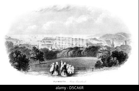 An 1850s engraving of Plymouth - From Greenbank scanned at high resolution from the original booklet. Stock Photo