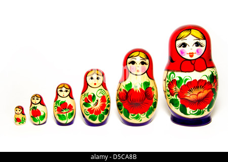 Russian Babushka nesting dolls in row, isolated on white background. Stock Photo