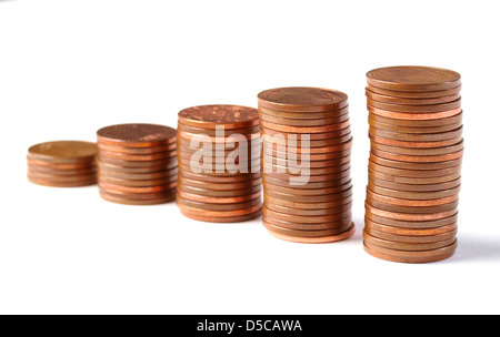 Five stacks of coins 5-cent increase in height and isolated on white background Stock Photo