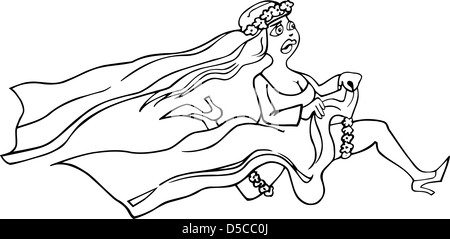 Black and White Cartoon Illustration of Running Bride Woman in White Dress Stock Photo