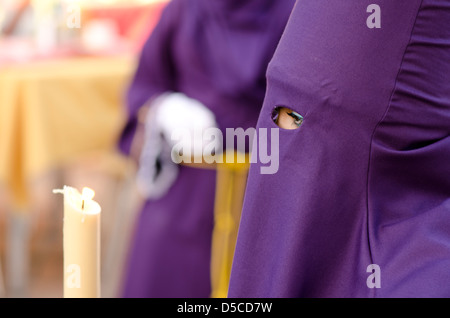 One of the nazarenos waiting to start a procession during Holy week, semana santa in Mijas Pueblo, Malaga province, Spain. Stock Photo