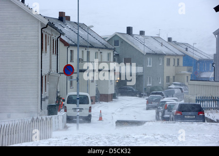 blizzard blowing through corn moes gate street covered in snow during winter hammerfest finnmark norway europe Stock Photo