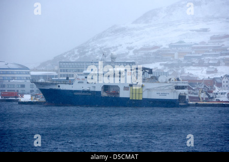 geo barents seismic research survey vessel docked in snowstorm in hammerfest finnmark norway europe Stock Photo