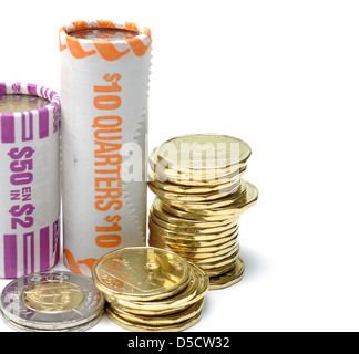 Canadian one and two dollars coin roll Stock Photo