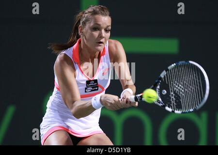 Miami, Florida, USA. 28th March 2013. Agnieszka Radwanska of Poland in action against Serena Williams of USA during their semi final match at the Sony Open at Crandon Park Tennis Center on March 24, 2013 in Key Biscayne, Florida. (Credit Image: Credit:  Joe Scarnici/ZUMAPRESS.com/Alamy Live News) Stock Photo