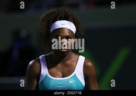 Miami, FL - Serena Williams of USA reacts during day 11 of the Sony Open 2013. Stock Photo