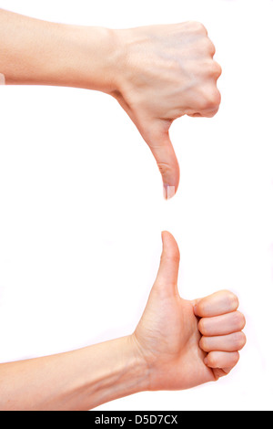Thumbs up and down isolated on white background Stock Photo