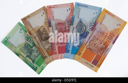 South African Banknotes - launched November 2012 showing Nelson Mandela and a big five animal theme on the reverse side Stock Photo