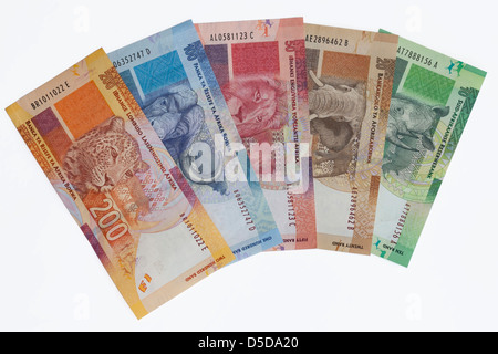 South African Banknotes - launched November 2012 showing Nelson Mandela and a big five animal theme on the reverse side Stock Photo