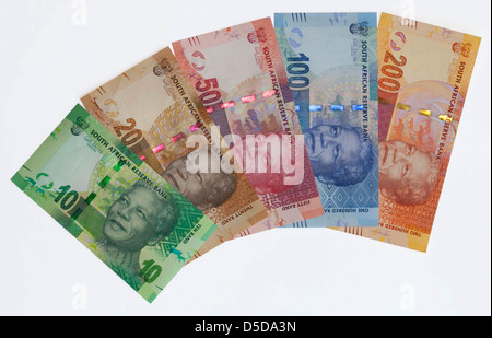 South African Banknotes - launched November 2012 showing Nelson Mandela and a big five animal theme on the reverse side Stock Photo