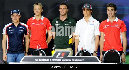 March 21, 2013, Sepang, Malaysia -  Valtteri Bottas (Williams), Max Chilton (Marussia), Giedo van der Garde (Caterham), Esteban Gutierrez (Sauber), Jules Bianchi (Marussia) in press conference Formula One 2013 Malaysian Grand Prix. (Photo by Robertus Pudyanto/AFLO) Stock Photo