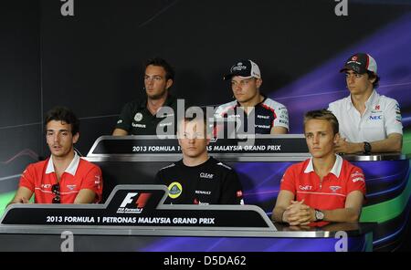 March 21, 2013, Sepang, Malaysia -  Jules Bianchi (Marussia), Kimi Raikkonen (Lotus), Max Chilton (Marussia) (front row L-R) and Giedo van der Garde (Caterham), Valtteri Bottas (Williams), Esteban Gutierrez (Sauber) (back row L-R) in press conference Formula One 2013 Malaysian Grand Prix. (Photo by Robertus Pudyanto/AFLO) Stock Photo