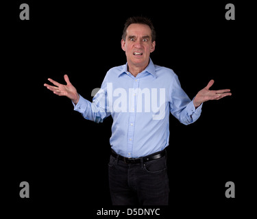 Shocked Surprised Middle Age Business Man Hands Raised Black Background Stock Photo