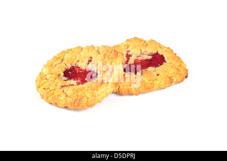 Delicious cookies with strawberry jam, on white background Stock Photo