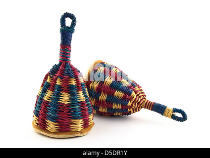 Two colorful caxixi, traditional Afro-Brazilian musical instrument. Stock Photo
