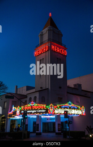 Opened in 1931, the Merced Theater in Merced, CA, is an example of Spanish Colonial Revival architecture. Stock Photo