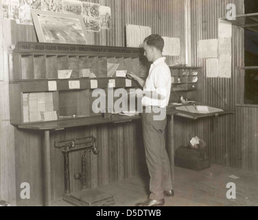 A historical photograph showing a postal worker sorting airmail in a ...
