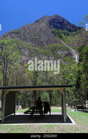 Hikers resting in the shade beneath Mt Beerwah, Glasshouse Mountains National Park, Queensland, Australia. No MR Stock Photo