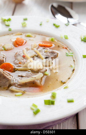 nutritious meat soup with macaroni, closeup Stock Photo