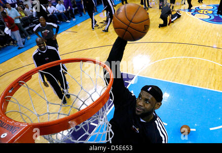 March 29, 2013 - New Orleans, Louisiana, United States of America - March 29, 2013: Miami Heat small forward LeBron James (6) dunks the ball before the NBA basketball game between the New Orleans Hornets and the Miami Heat at the New Orleans Arena in New Orleans, LA. Stock Photo