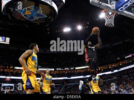 March 29, 2013 - New Orleans, Louisiana, United States of America - March 29, 2013: Miami Heat small forward LeBron James (6) dunks the ball during the NBA basketball game between the New Orleans Hornets and the Miami Heat at the New Orleans Arena in New Orleans, LA. Stock Photo