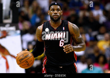 March 29, 2013 - New Orleans, Louisiana, United States of America - March 29, 2013: Miami Heat small forward LeBron James (6) drives with the ball during the NBA basketball game between the New Orleans Hornets and the Miami Heat at the New Orleans Arena in New Orleans, LA. Stock Photo