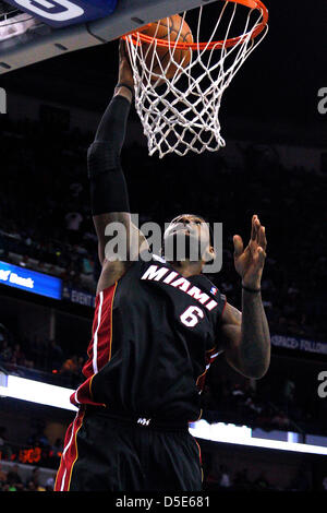March 29, 2013 - New Orleans, Louisiana, United States of America - March 29, 2013: Miami Heat small forward LeBron James (6) scores during the NBA basketball game between the New Orleans Hornets and the Miami Heat at the New Orleans Arena in New Orleans, LA. Stock Photo