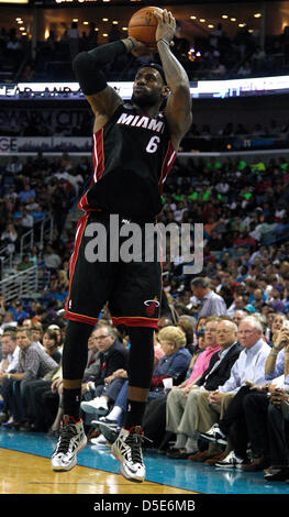 March 29, 2013 - New Orleans, Louisiana, United States of America - March 29, 2013: Miami Heat small forward LeBron James (6) shoots the ball during the NBA basketball game between the New Orleans Hornets and the Miami Heat at the New Orleans Arena in New Orleans, LA. Stock Photo