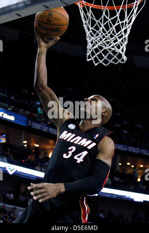 March 29, 2013 - New Orleans, Louisiana, United States of America - March 29, 2013: Miami Heat shooting guard Ray Allen (34) scores during the NBA basketball game between the New Orleans Hornets and the Miami Heat at the New Orleans Arena in New Orleans, LA. Stock Photo