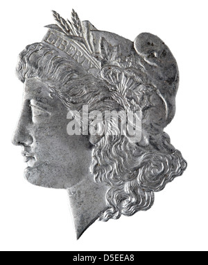 Liberty head from Morgan Dollar silver coin, USA, 1885, on white background Stock Photo