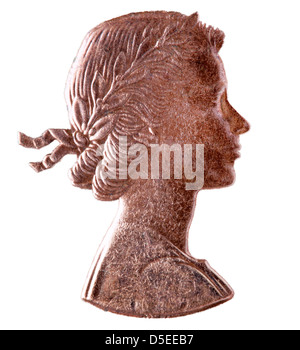 Portrait of Queen Elizabeth II from 1 Penny coin, UK, 1967, on white background