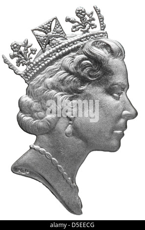 Portrait of Queen Elizabeth II from 1 Pound coin, UK, 1990, on white background Stock Photo