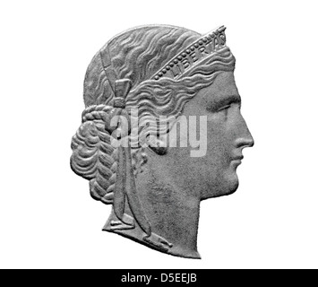 Crowned head of Helvetia from 20 Rappen coin, Switzerland, 1991, on white background Stock Photo