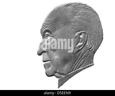 Portrait of Konrad Adenauer from 2 Deutsch Mark coin, West Germany, 1986, on white background Stock Photo