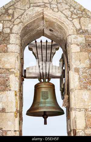 Chapel bell, Mont Orgueil Castle, Gorey, Jersey east coast Stock Photo