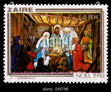 Postage stamp from Zaire depicting the adoration of the Magi, issued for Christmas, 1980. Stock Photo