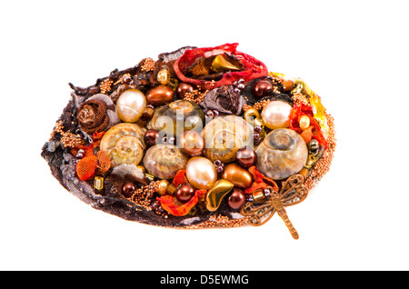 original handmade brooch with various stones and shells isolated on white Stock Photo