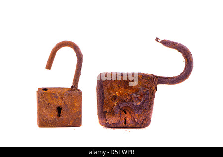 two aged rusty locks isolated on white background Stock Photo