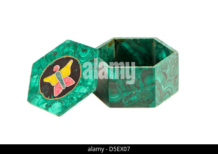 beautiful open and empty green malachite stone box isolated on white Stock Photo