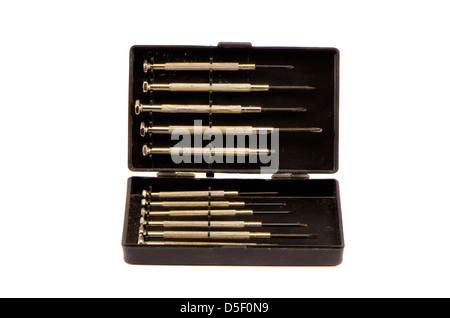 black clockmaker tools box isolated on white Stock Photo