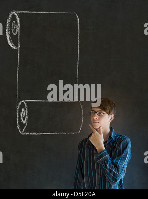 Business man, student or teacher with menu scroll checklist on blackboard background Stock Photo